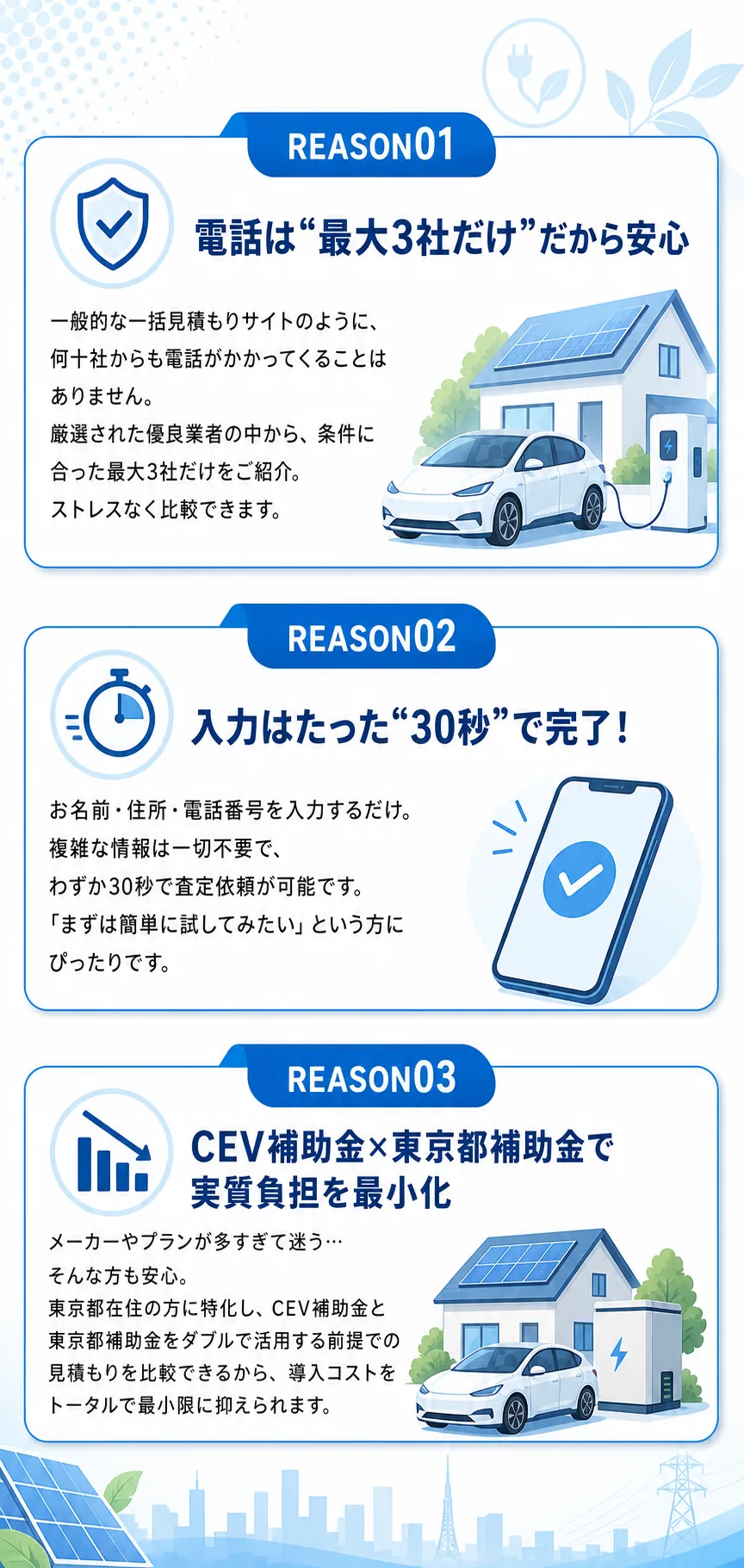 ソラチクV2H一括査定が選ばれる3つの理由。電話は最大3社だけ、入力は30秒、CEV補助金と東京都補助金で実質負担を最小化