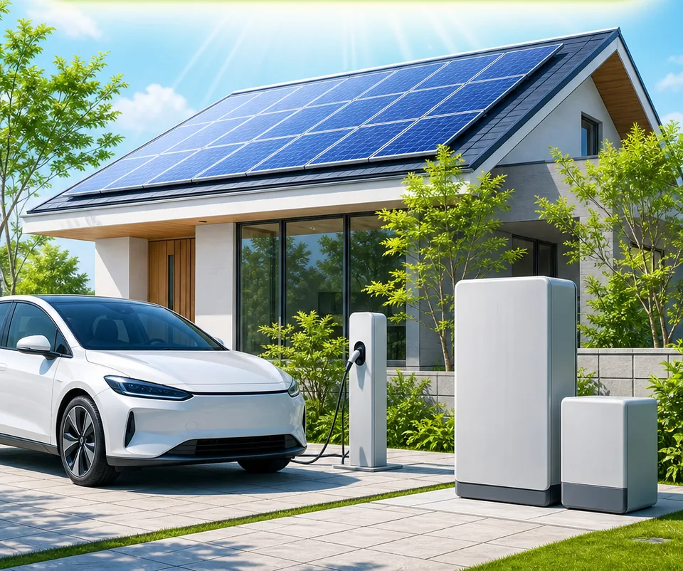 太陽光住宅、電気自動車、V2H設備のイメージ